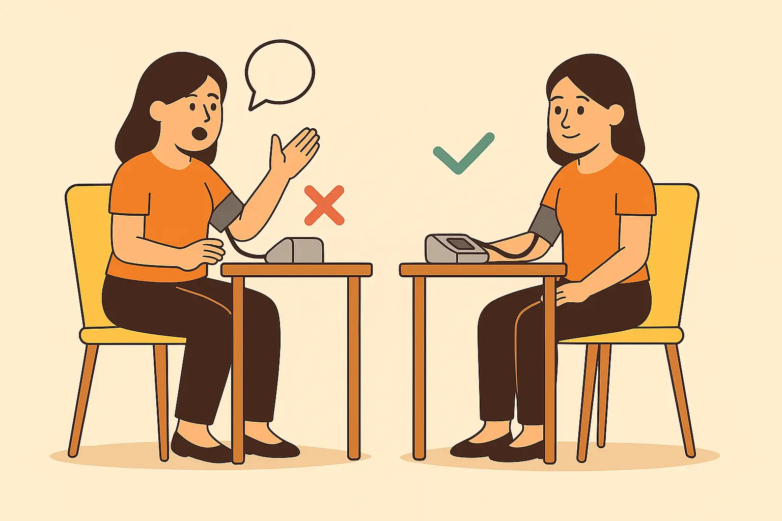 Como-afecta-moverse-o hablar-al-medirse-la-presion-arterial Ilustración comparativa de dos mujeres midiendo su presión arterial. Una mujer hablando y moviéndose marcada con una cruz roja, y otra en silencio y quieta marcada con un check verde, mostrando la forma correcta e incorrecta de hacerlo.