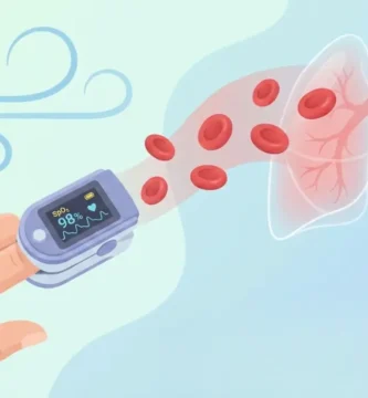 Ilustración que muestra un oxímetro de pulso midiendo la saturación de oxígeno (SpO2), con pulmones y glóbulos rojos transportando oxígeno.
