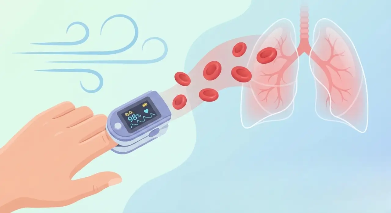 Ilustración que muestra un oxímetro de pulso midiendo la saturación de oxígeno (SpO2), con pulmones y glóbulos rojos transportando oxígeno.