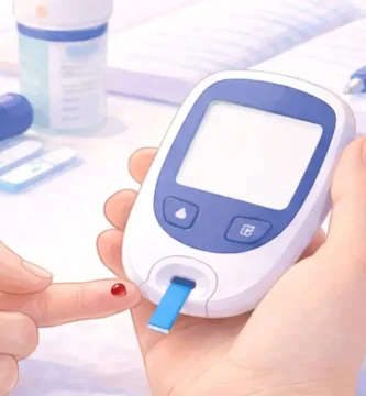 Imagen de un glucómetro realizando una medición de glucosa en sangre en casa, mostrando el procedimiento correcto con tira reactiva y punción en el dedo para aprender cómo medir el azúcar en sangre en casa.