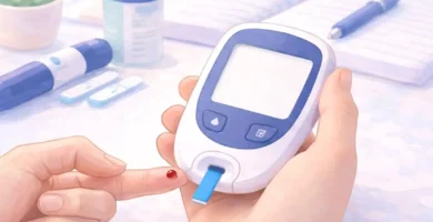 Imagen de un glucómetro realizando una medición de glucosa en sangre en casa, mostrando el procedimiento correcto con tira reactiva y punción en el dedo para aprender cómo medir el azúcar en sangre en casa.