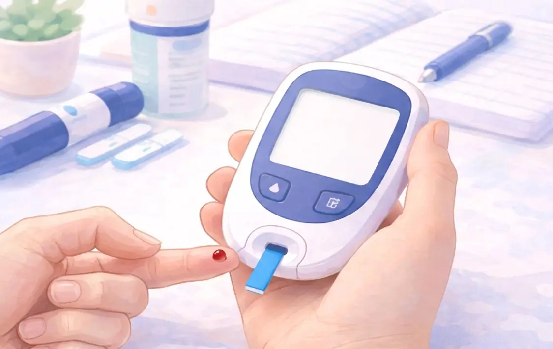 Imagen de un glucómetro realizando una medición de glucosa en sangre en casa, mostrando el procedimiento correcto con tira reactiva y punción en el dedo para aprender cómo medir el azúcar en sangre en casa.