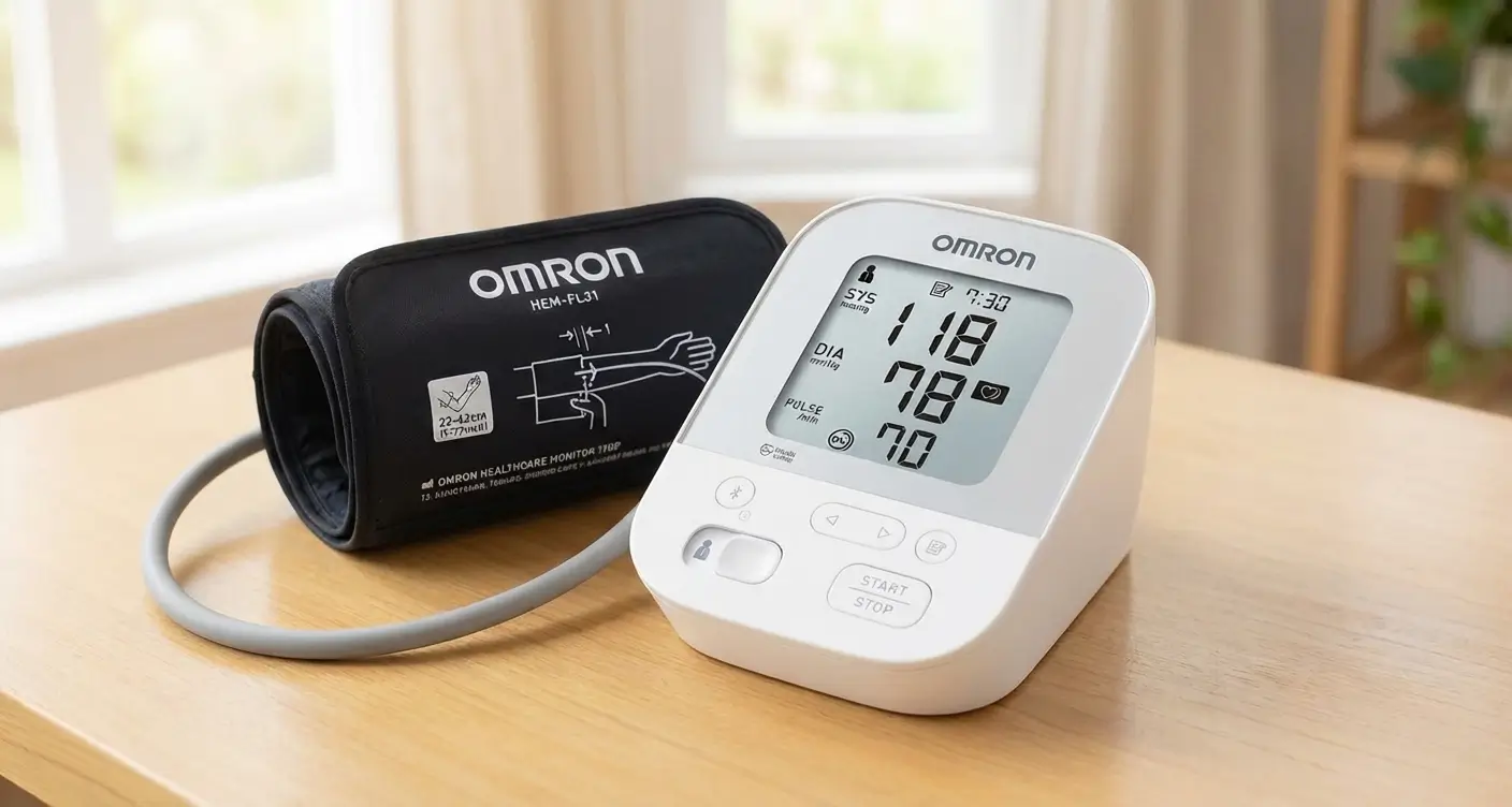 Monitor de presión arterial OMRON X4 Smart con conexión Bluetooth, mostrando una lectura digital y sincronización con la aplicación móvil OMRON connect.