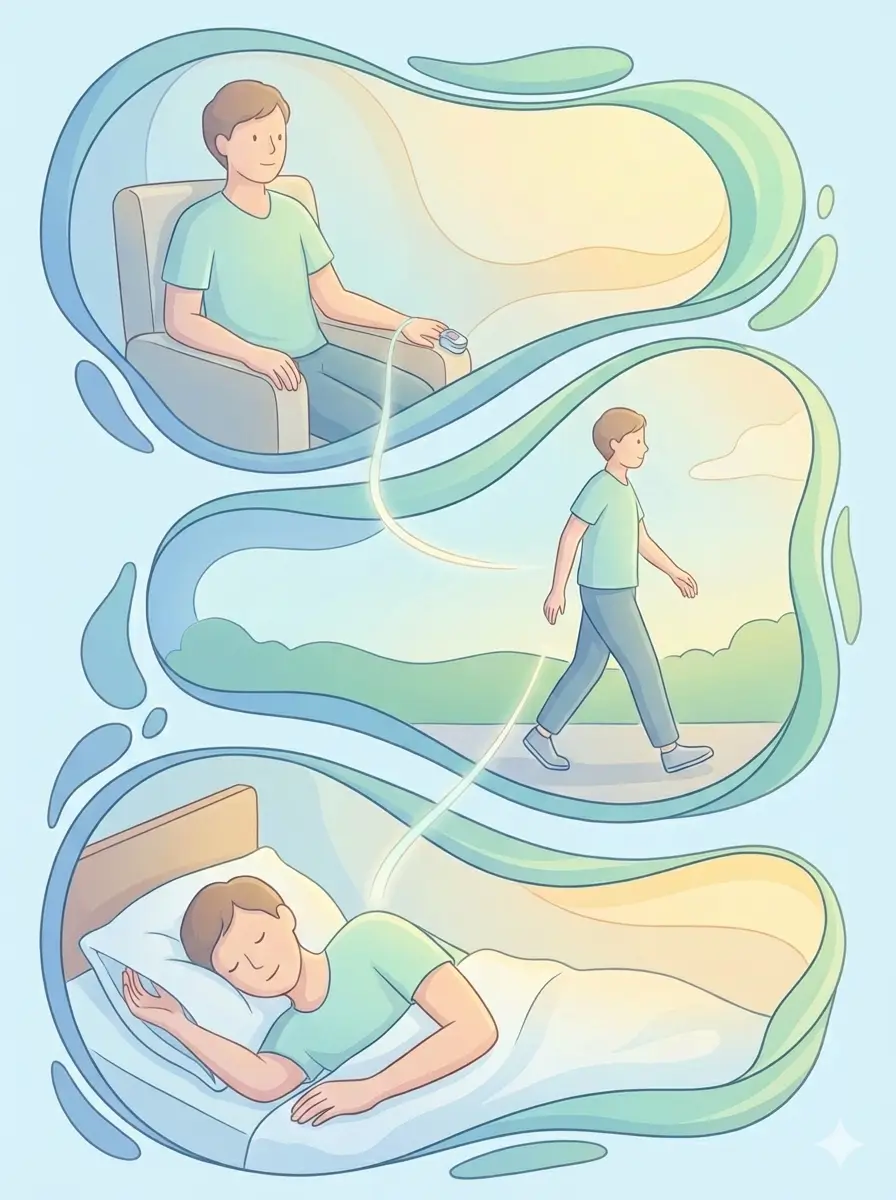 Ilustración de una persona en tres situaciones: sentado con un oxímetro, caminando al aire libre y durmiendo, representando el contexto en la medición de SpO2.
