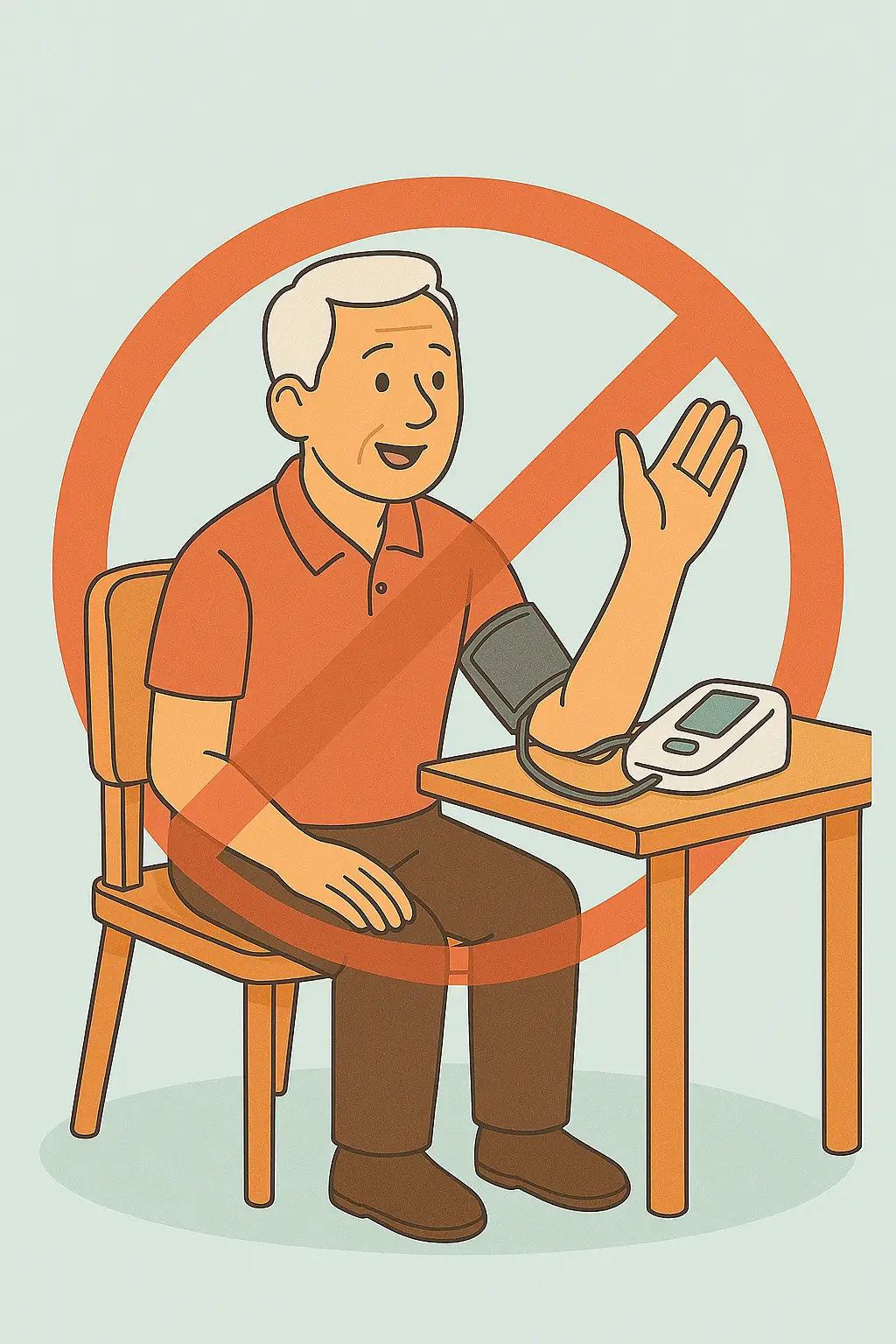 Hombre hablando y sentado en postura incorrecta mientras se mide la presión arterial con un tensiómetro digital.