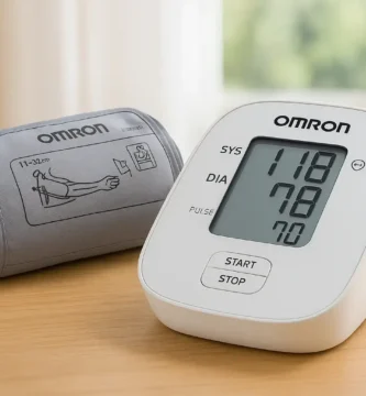 Tensiómetro Omron X2 Basic sobre mesa de madera, ideal para mediciones seguras en casa.