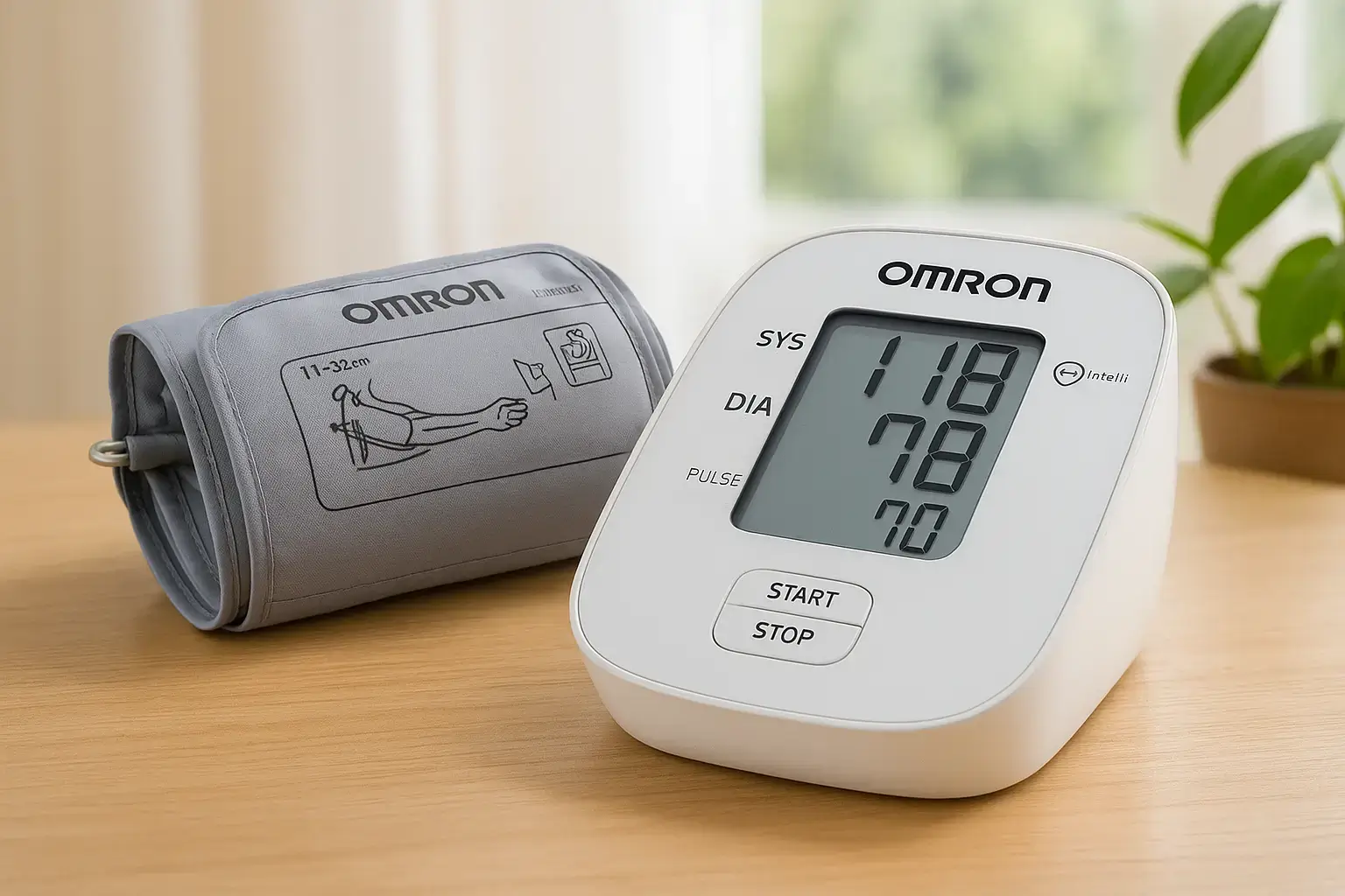 Tensiómetro Omron X2 Basic sobre mesa de madera, ideal para mediciones seguras en casa.